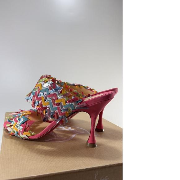 Meroine Pink Rainbow Woven 85mm raffia fringe heels mules D974 - Picture 5 of 11